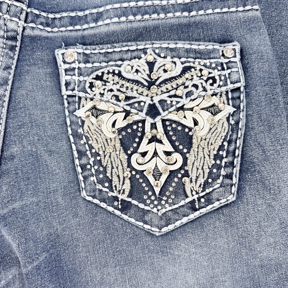 SKY Premium Collection Supersoft Flare Jeans Womens 11/12 Blue Rhinestone Cross - Picture 3 of 8